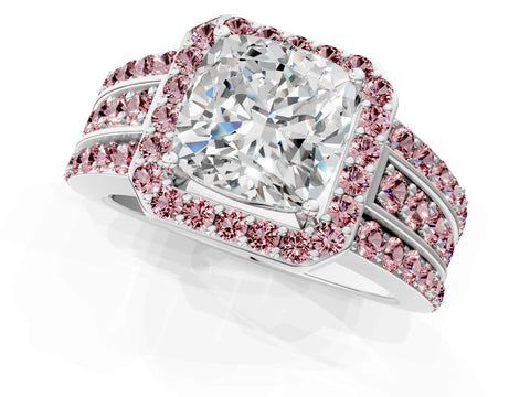 White gold Cushion Cut Halo Diamond Ring with Round with Morganite side stone Split Shank and Prong Setting_37