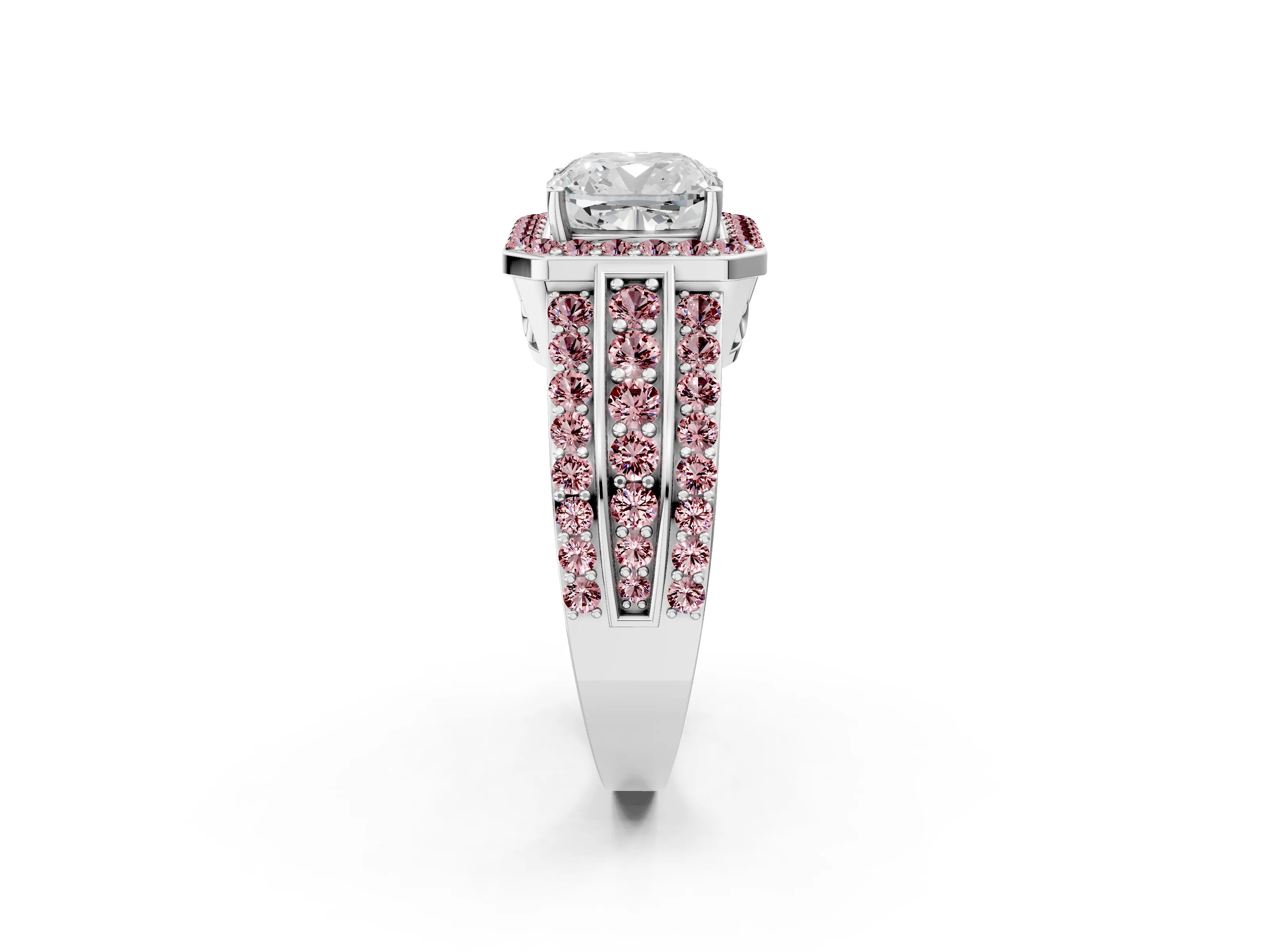 White gold Cushion Cut Halo Diamond Ring with Round with Morganite side stone Split Shank and Prong Setting_38