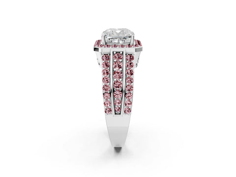 White gold Cushion Cut Halo Diamond Ring with Round with Morganite side stone Split Shank and Prong Setting_50