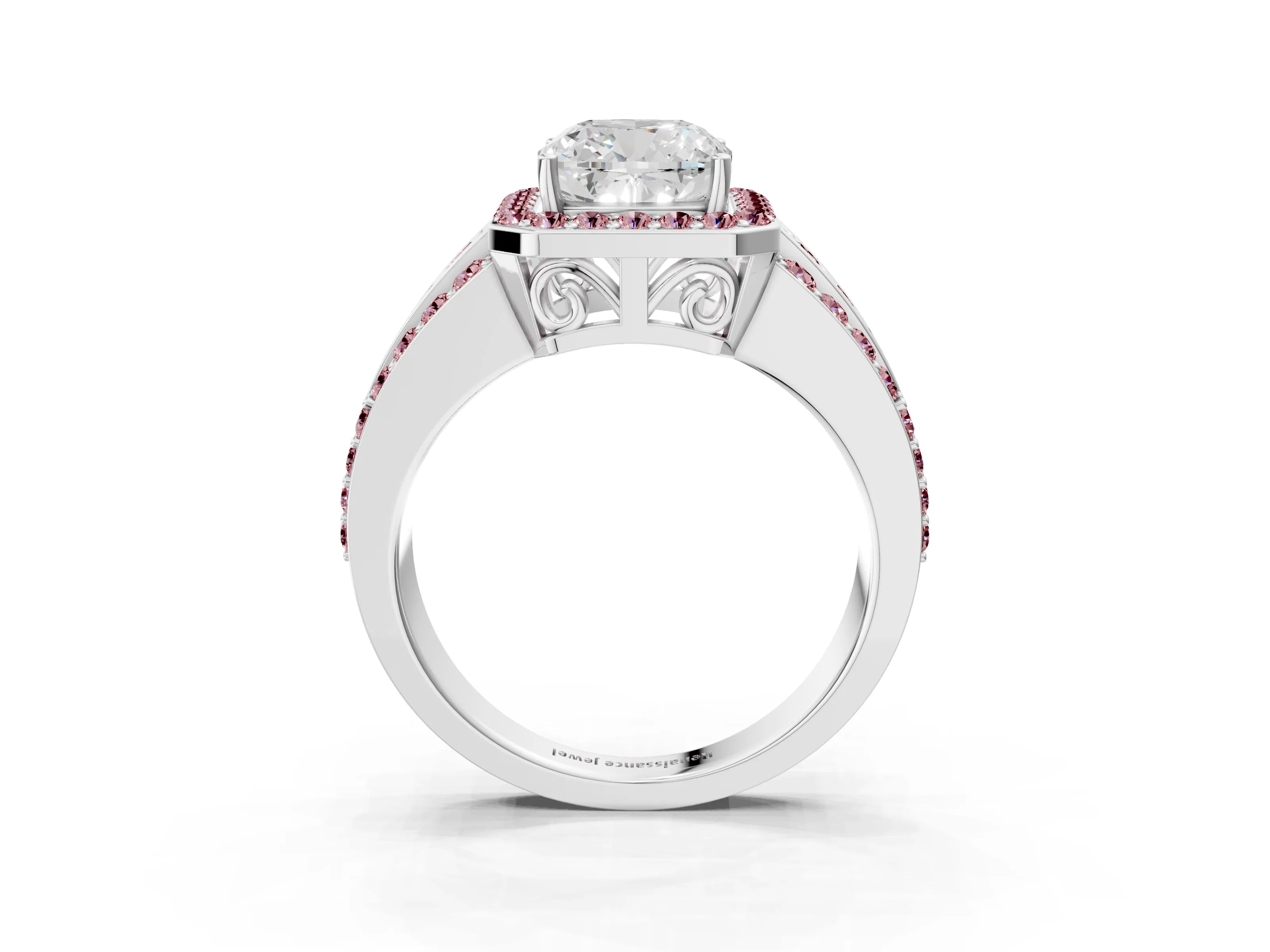White gold Cushion Cut Halo Diamond Ring with Round with Morganite side stone Split Shank and Prong Setting_51
