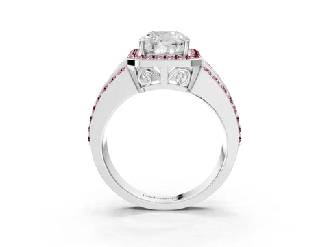 White gold Cushion Cut Halo Diamond Ring with Round with Morganite side stone Split Shank and Prong Setting_51