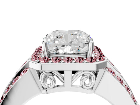 White gold Cushion Cut Halo Diamond Ring with Round with Morganite side stone Split Shank and Prong Setting_52