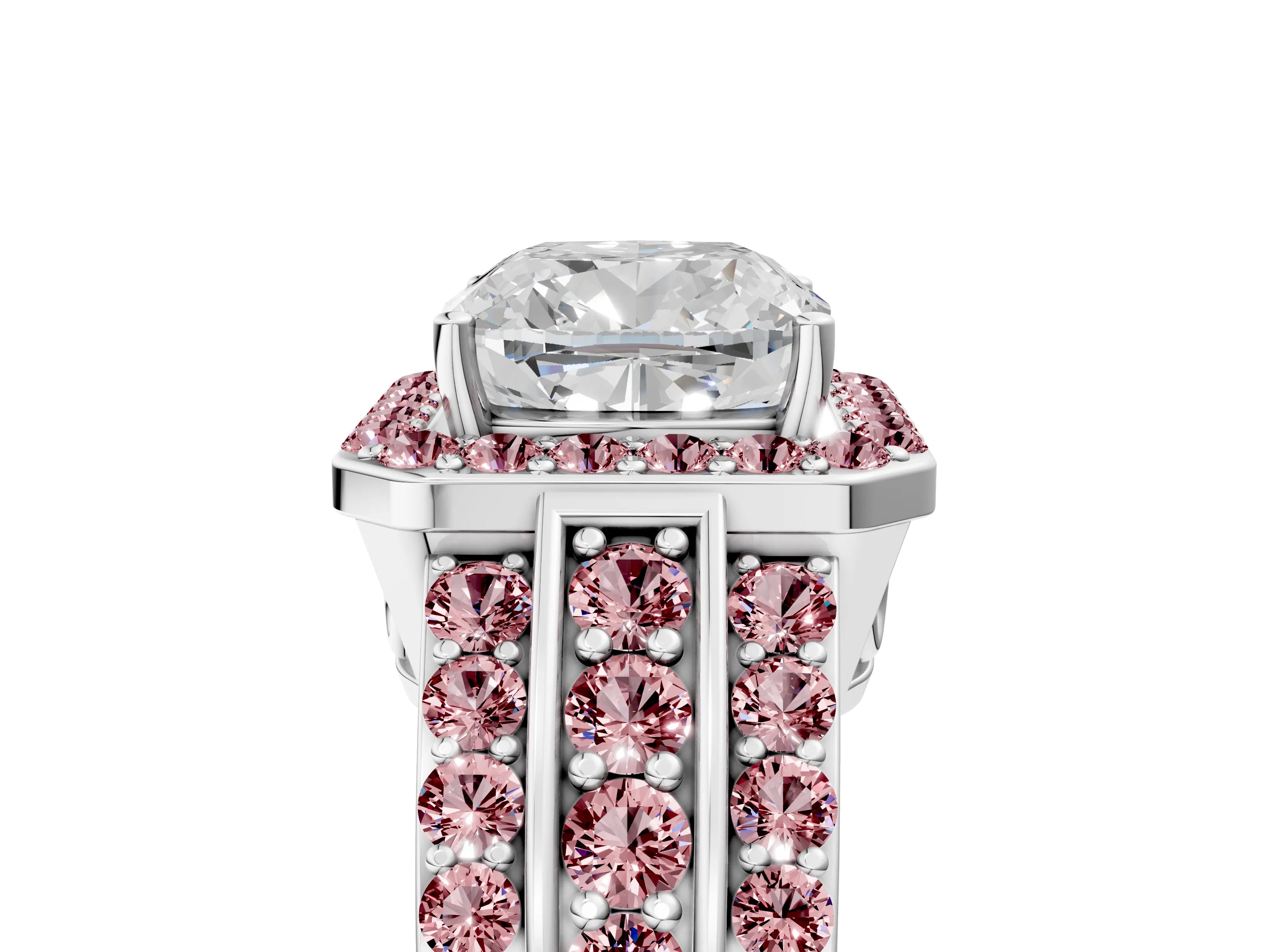 White gold Cushion Cut Halo Diamond Ring with Round with Morganite side stone Split Shank and Prong Setting_53