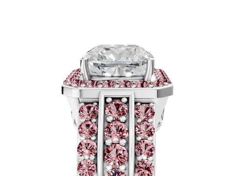 White gold Cushion Cut Halo Diamond Ring with Round with Morganite side stone Split Shank and Prong Setting_53