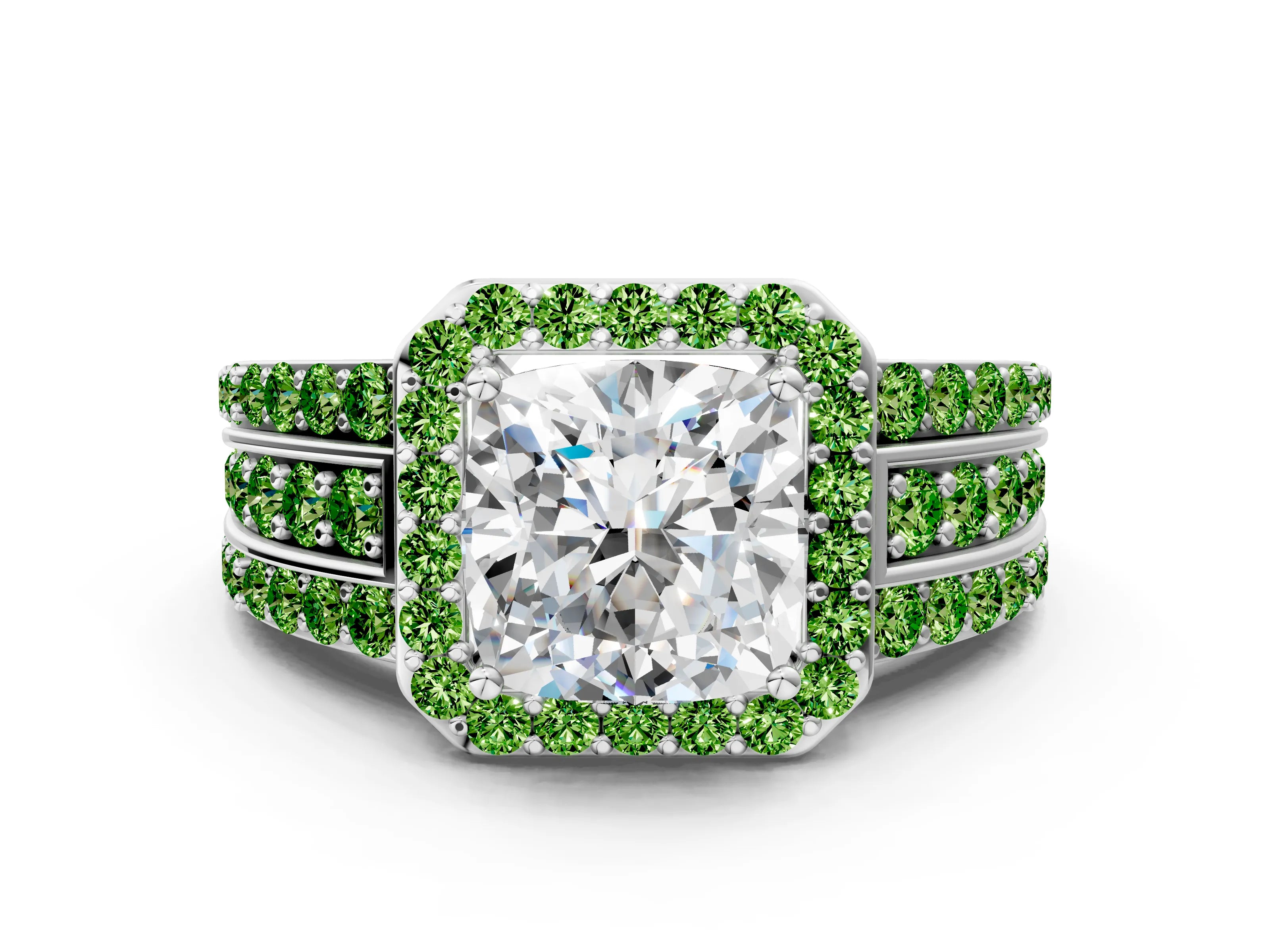 White gold Cushion Cut Halo Diamond Ring with Round with Peridot side stone Split Shank and Prong Setting_12