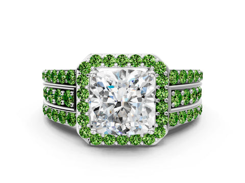 White gold Cushion Cut Halo Diamond Ring with Round with Peridot side stone Split Shank and Prong Setting_12