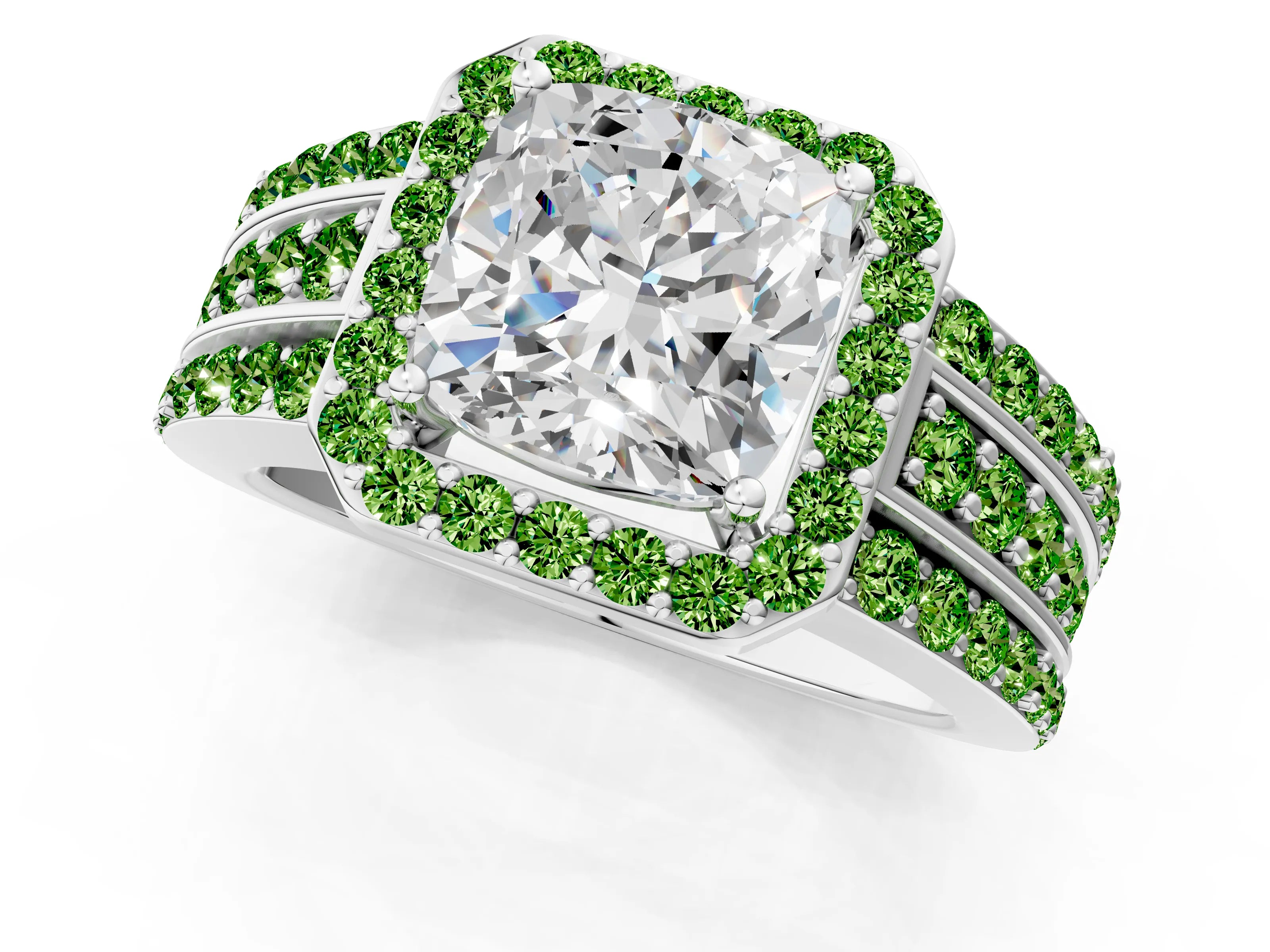 White gold Cushion Cut Halo Diamond Ring with Round with Peridot side stone Split Shank and Prong Setting_13