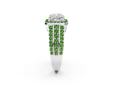 White gold Cushion Cut Halo Diamond Ring with Round with Peridot side stone Split Shank and Prong Setting_14