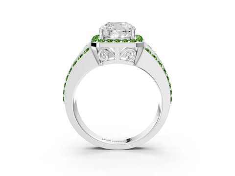 White gold Cushion Cut Halo Diamond Ring with Round with Peridot side stone Split Shank and Prong Setting_15