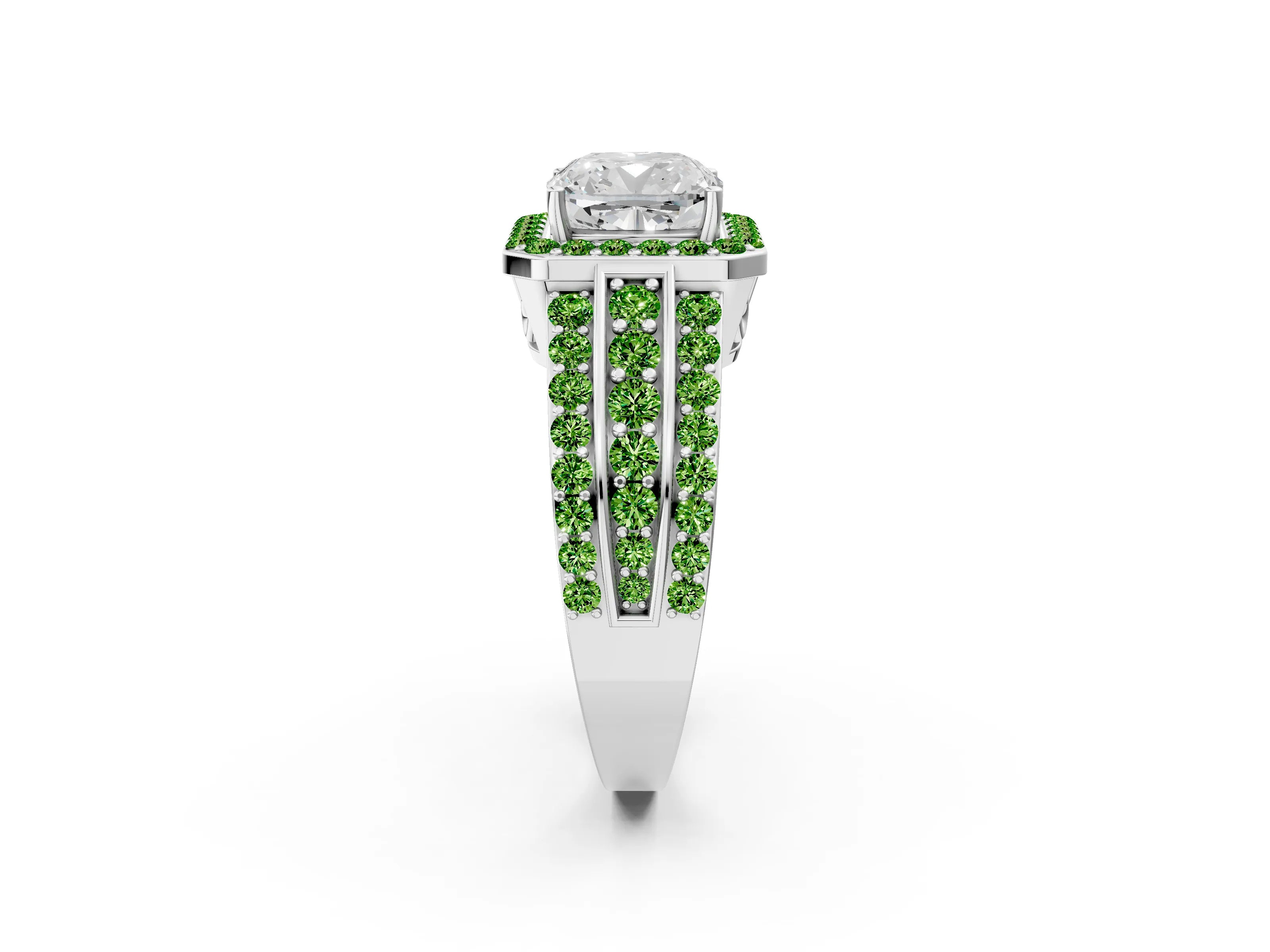 White gold Cushion Cut Halo Diamond Ring with Round with Peridot side stone Split Shank and Prong Setting_26