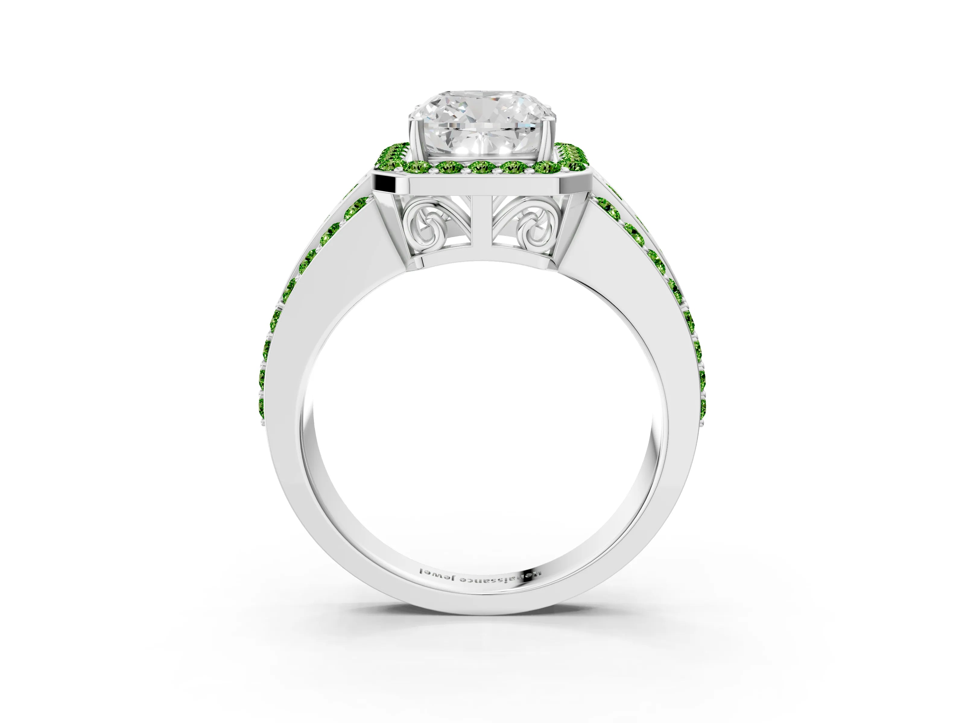 White gold Cushion Cut Halo Diamond Ring with Round with Peridot side stone Split Shank and Prong Setting_27