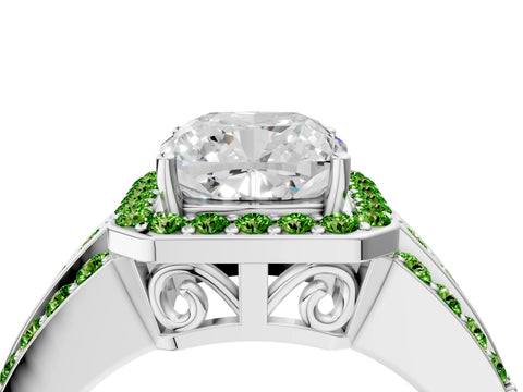 White gold Cushion Cut Halo Diamond Ring with Round with Peridot side stone Split Shank and Prong Setting_28