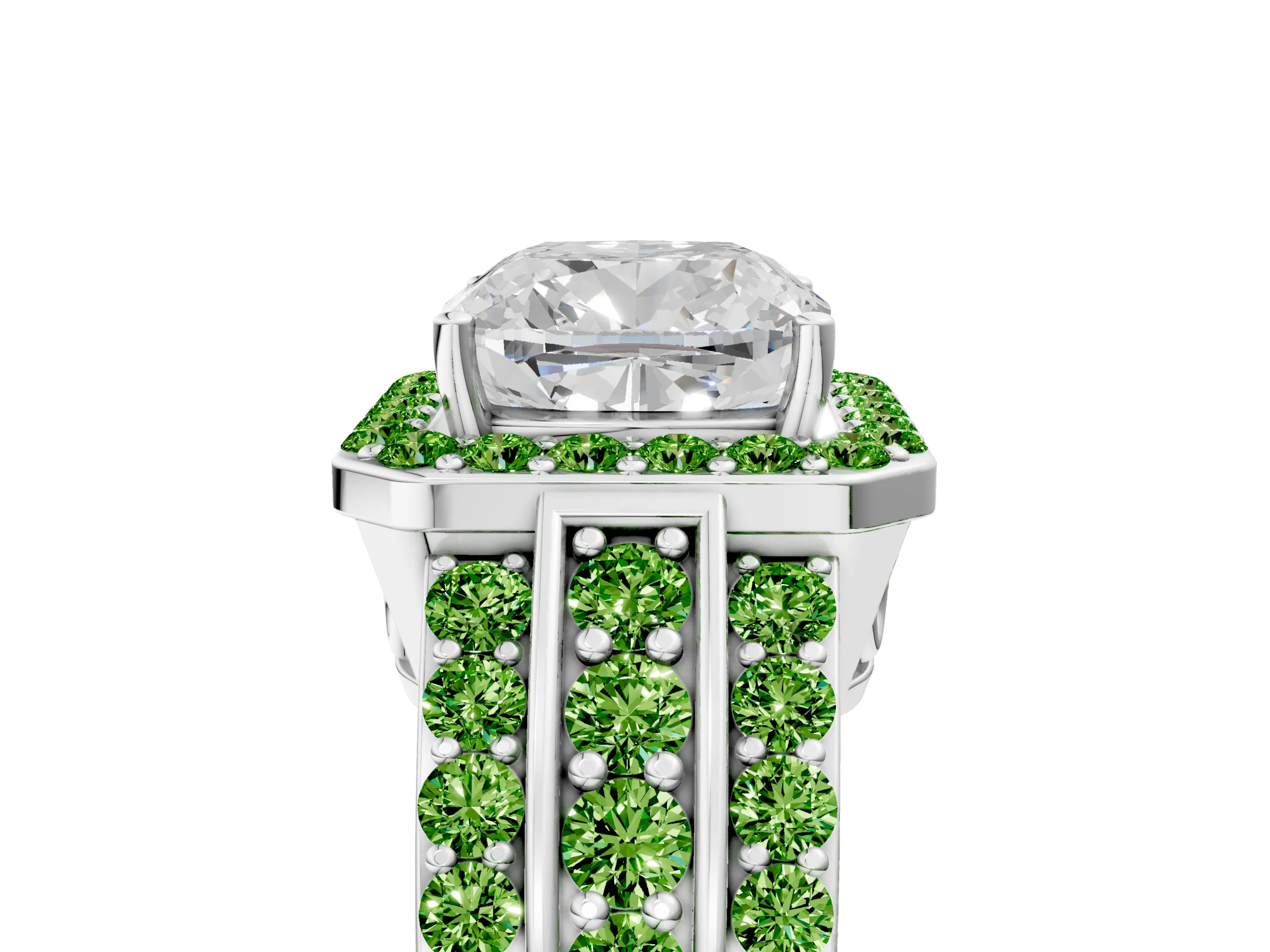 White gold Cushion Cut Halo Diamond Ring with Round with Peridot side stone Split Shank and Prong Setting_29