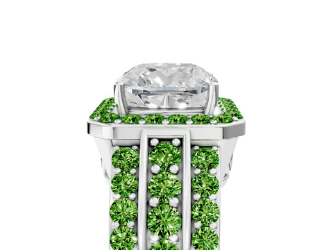 White gold Cushion Cut Halo Diamond Ring with Round with Peridot side stone Split Shank and Prong Setting_29