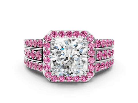 White gold Cushion Cut Halo Diamond Ring with Round with Pink Sapphire side stone Split Shank and Prong Setting_36