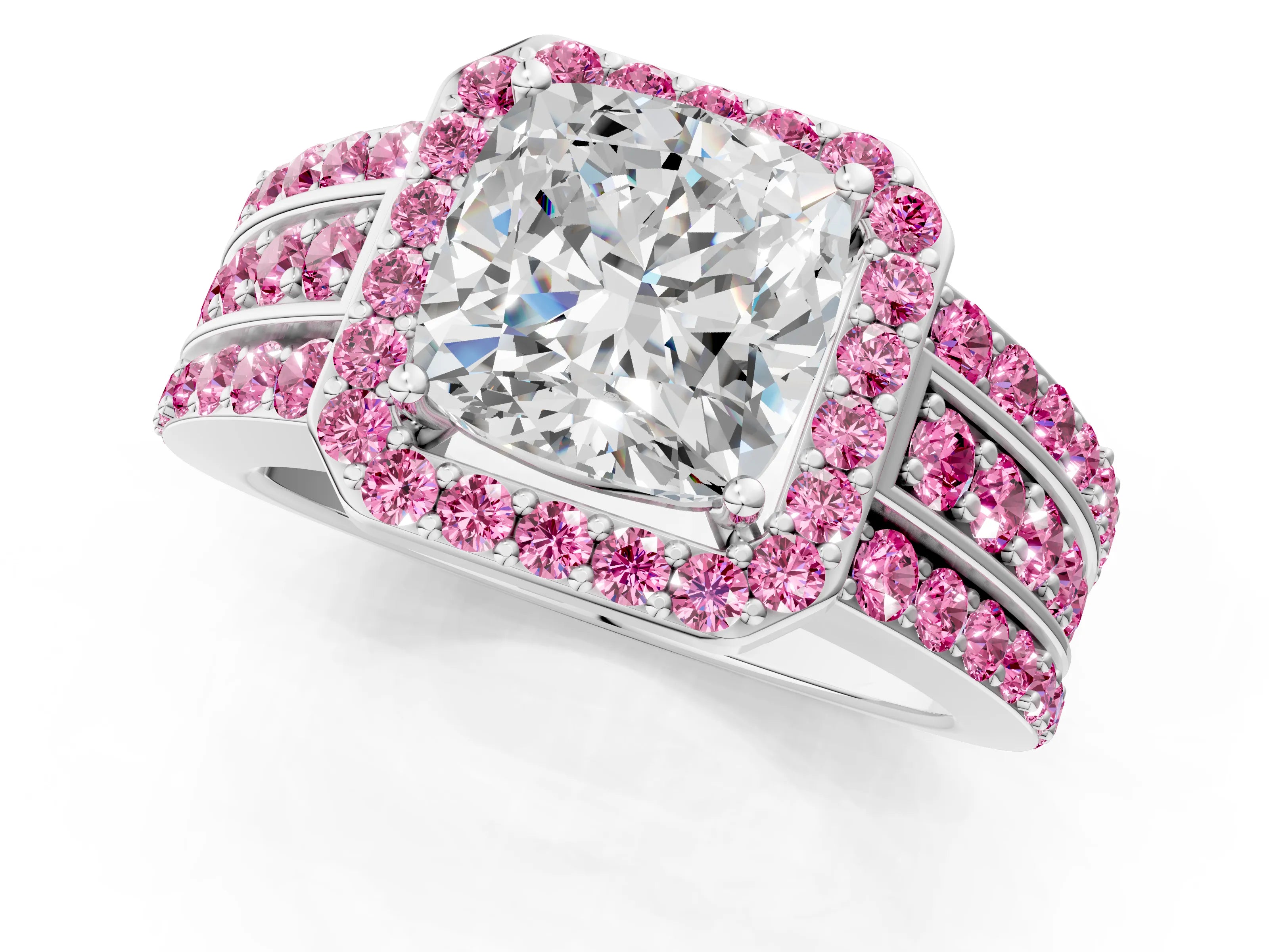 White gold Cushion Cut Halo Diamond Ring with Round with Pink Sapphire side stone Split Shank and Prong Setting_37