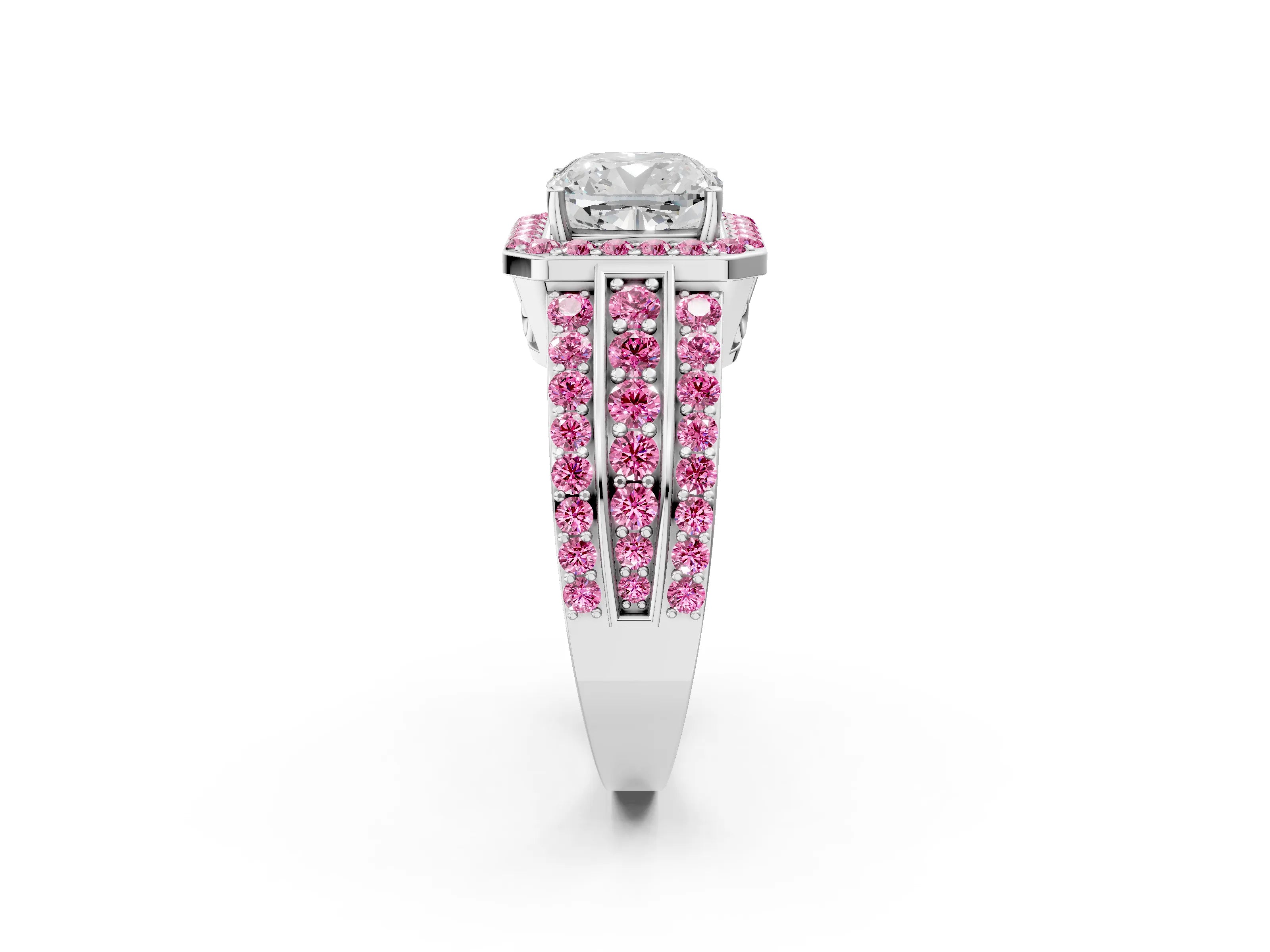 White gold Cushion Cut Halo Diamond Ring with Round with Pink Sapphire side stone Split Shank and Prong Setting_38