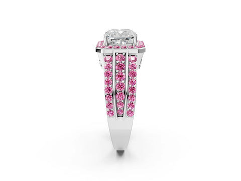 White gold Cushion Cut Halo Diamond Ring with Round with Pink Sapphire side stone Split Shank and Prong Setting_38