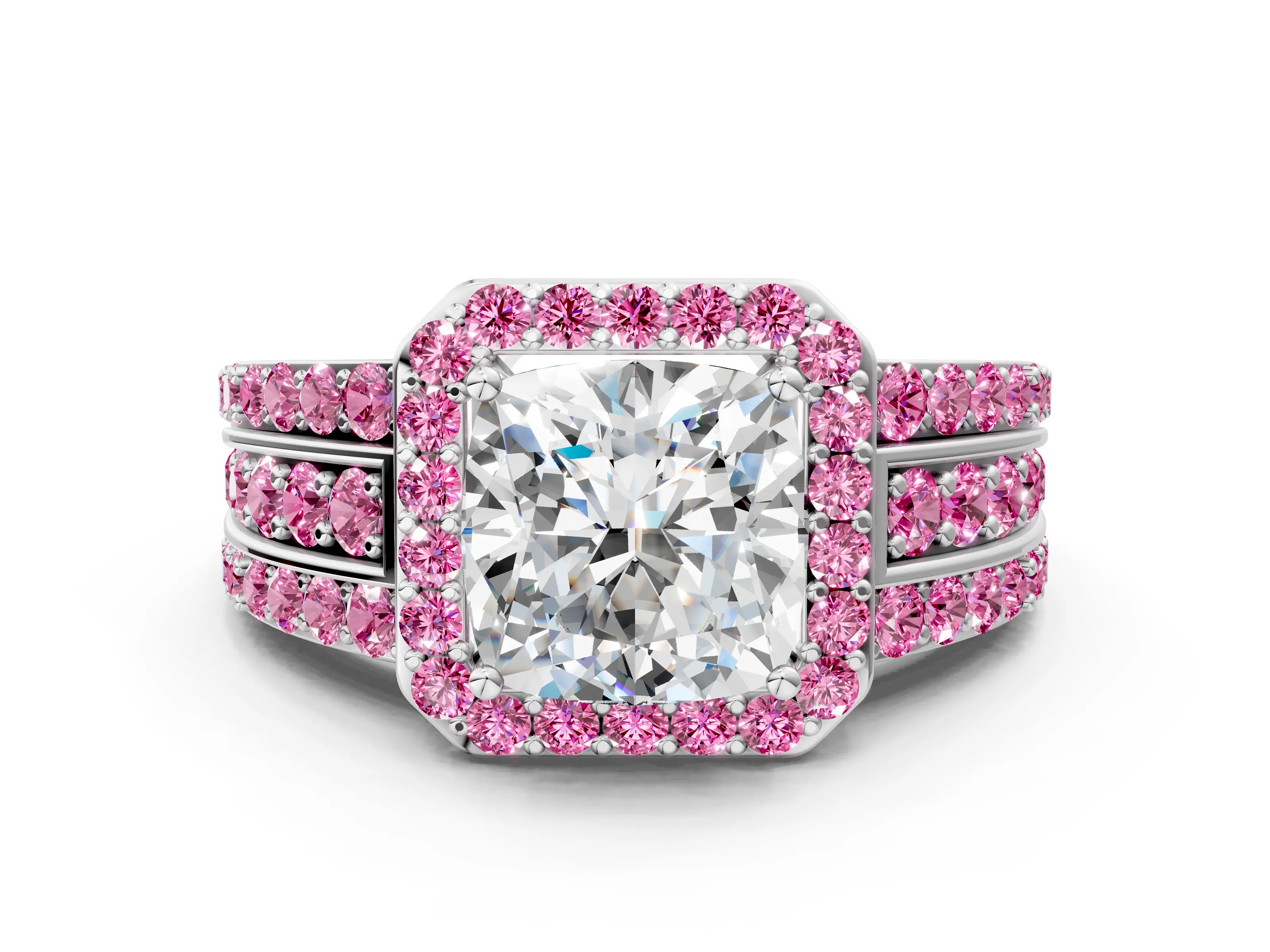 White gold Cushion Cut Halo Diamond Ring with Round with Pink Sapphire side stone Split Shank and Prong Setting_47