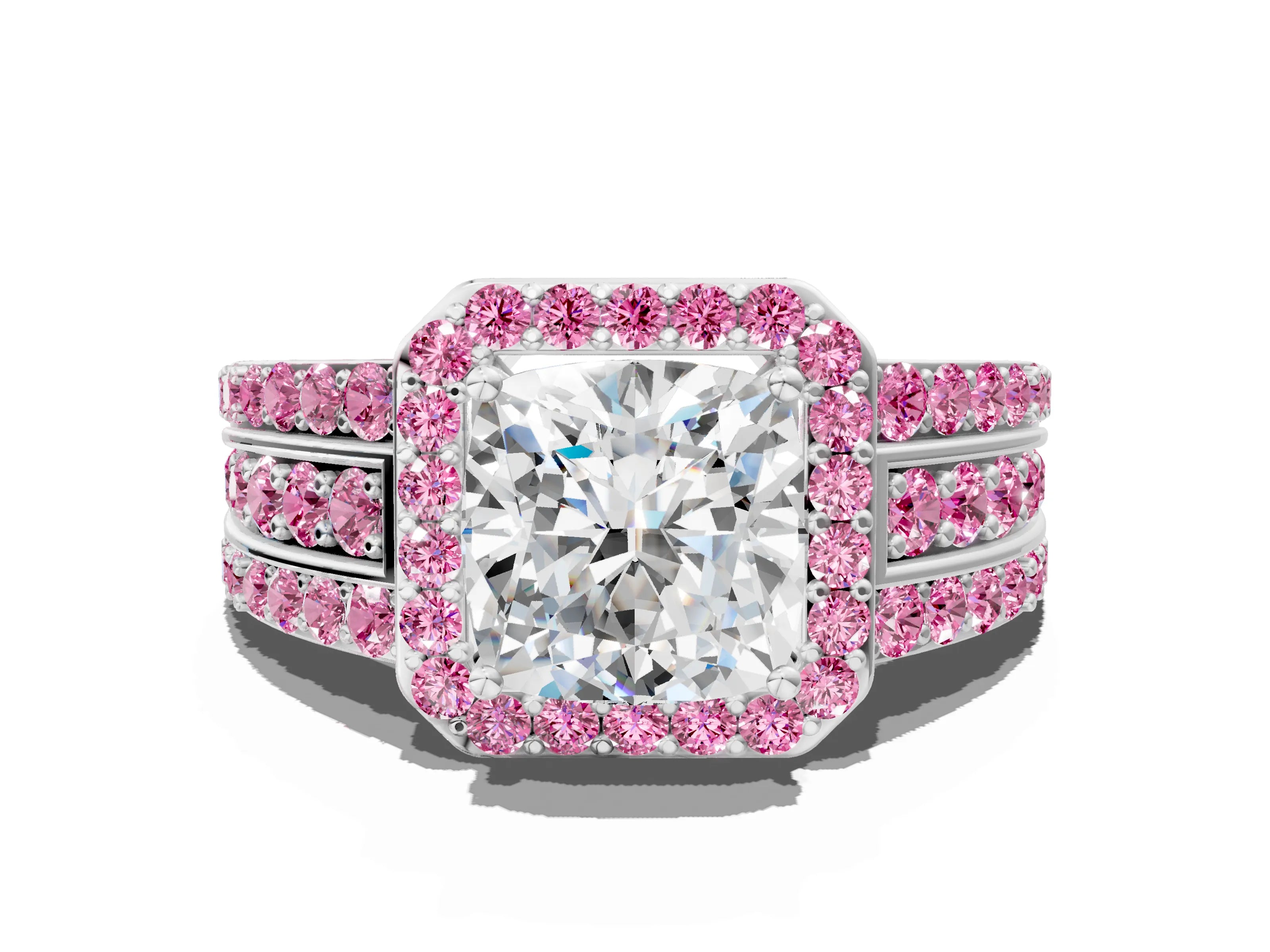 White gold Cushion Cut Halo Diamond Ring with Round with Pink Sapphire side stone Split Shank and Prong Setting_48