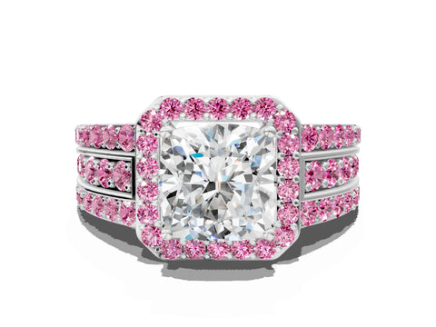 White gold Cushion Cut Halo Diamond Ring with Round with Pink Sapphire side stone Split Shank and Prong Setting_48