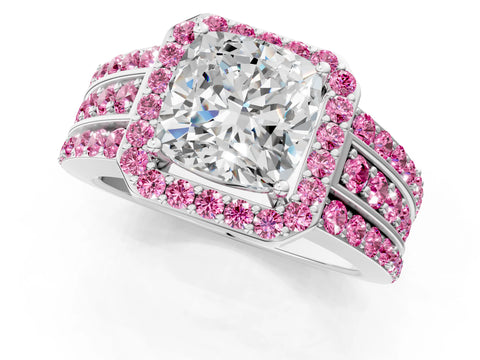 White gold Cushion Cut Halo Diamond Ring with Round with Pink Sapphire side stone Split Shank and Prong Setting_48