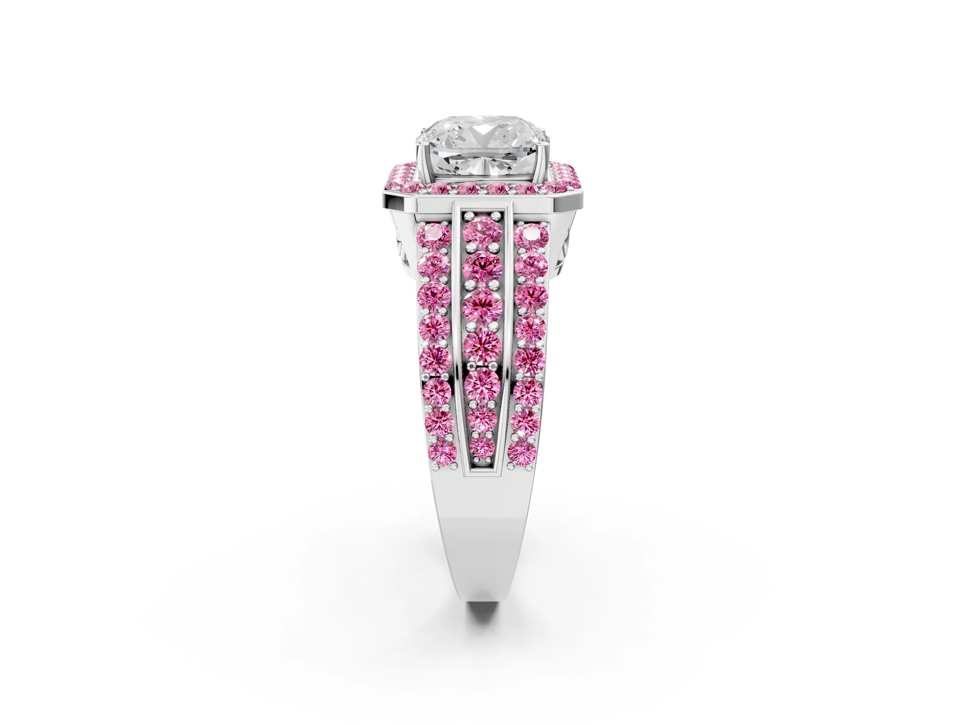 White gold Cushion Cut Halo Diamond Ring with Round with Pink Sapphire side stone Split Shank and Prong Setting_50