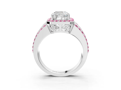 White gold Cushion Cut Halo Diamond Ring with Round with Pink Sapphire side stone Split Shank and Prong Setting_51