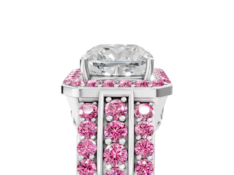 White gold Cushion Cut Halo Diamond Ring with Round with Pink Sapphire side stone Split Shank and Prong Setting_52