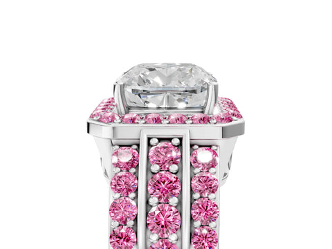 White gold Cushion Cut Halo Diamond Ring with Round with Pink Sapphire side stone Split Shank and Prong Setting_53