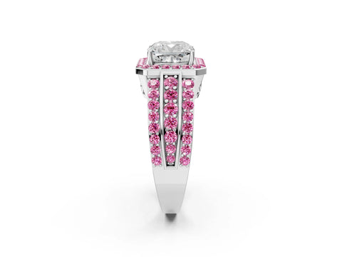 White gold Cushion Cut Halo Diamond Ring with Round with Pink Sapphire side stone Split Shank and Prong Setting_61