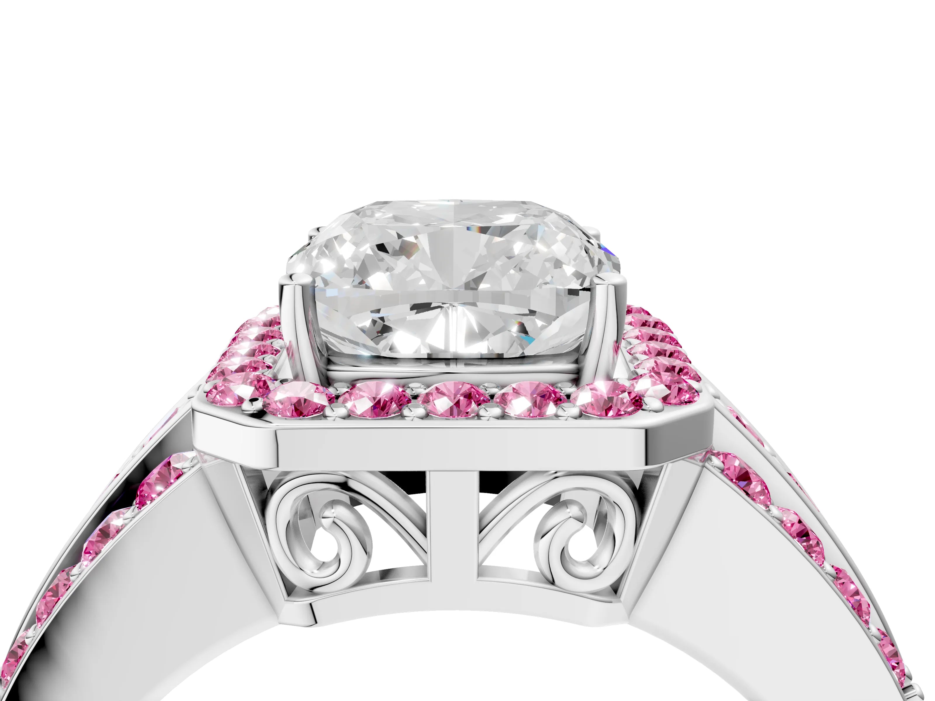White gold Cushion Cut Halo Diamond Ring with Round with Pink Sapphire side stone Split Shank and Prong Setting_63
