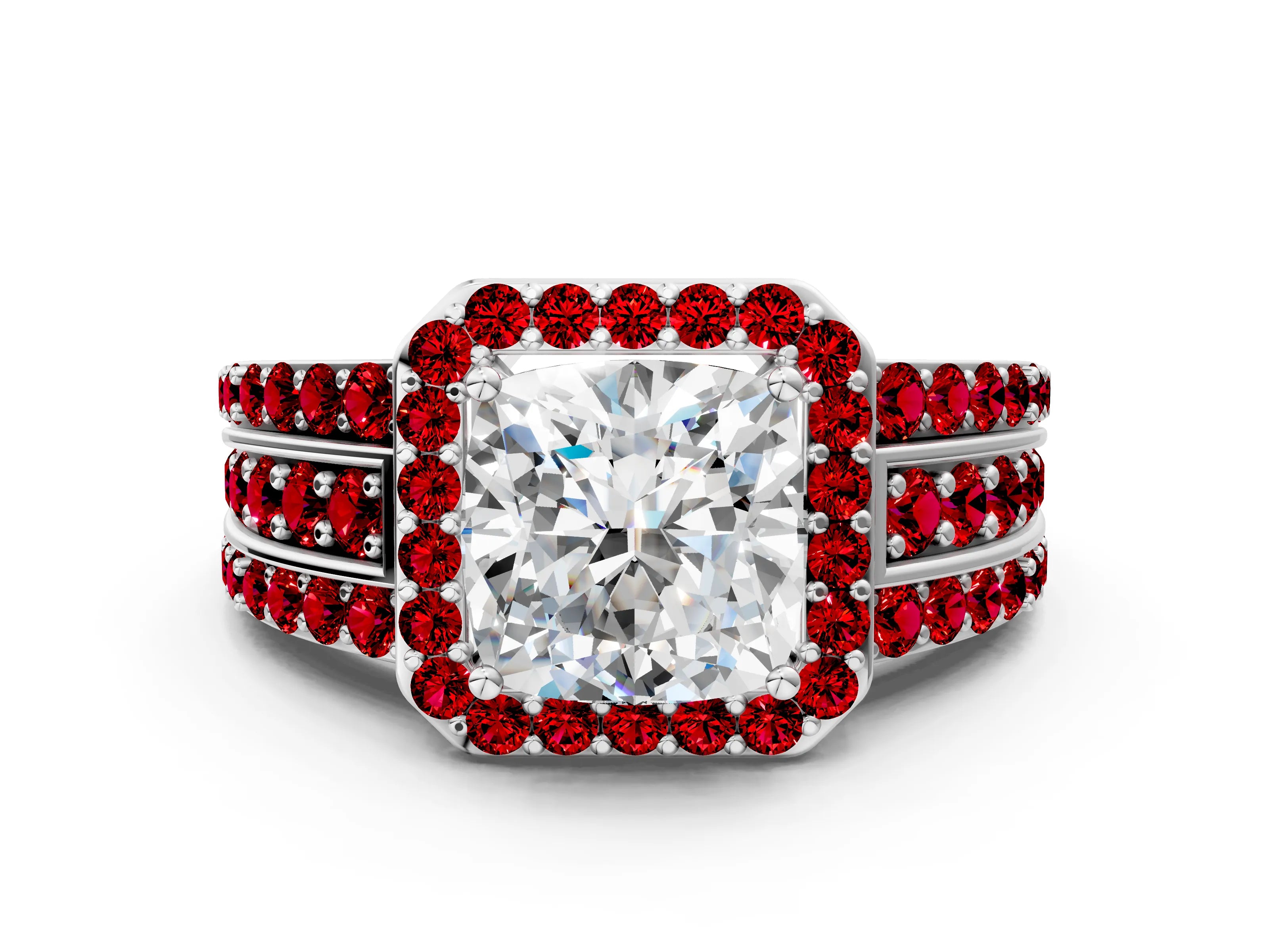 White gold Cushion Cut Halo Diamond Ring with Round with Ruby side stone Split Shank and Prong Setting_36