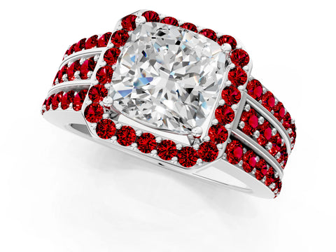 White gold Cushion Cut Halo Diamond Ring with Round with Ruby side stone Split Shank and Prong Setting_37