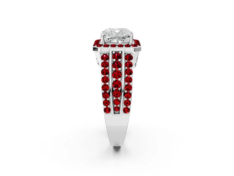 White gold Cushion Cut Halo Diamond Ring with Round with Ruby side stone Split Shank and Prong Setting_38