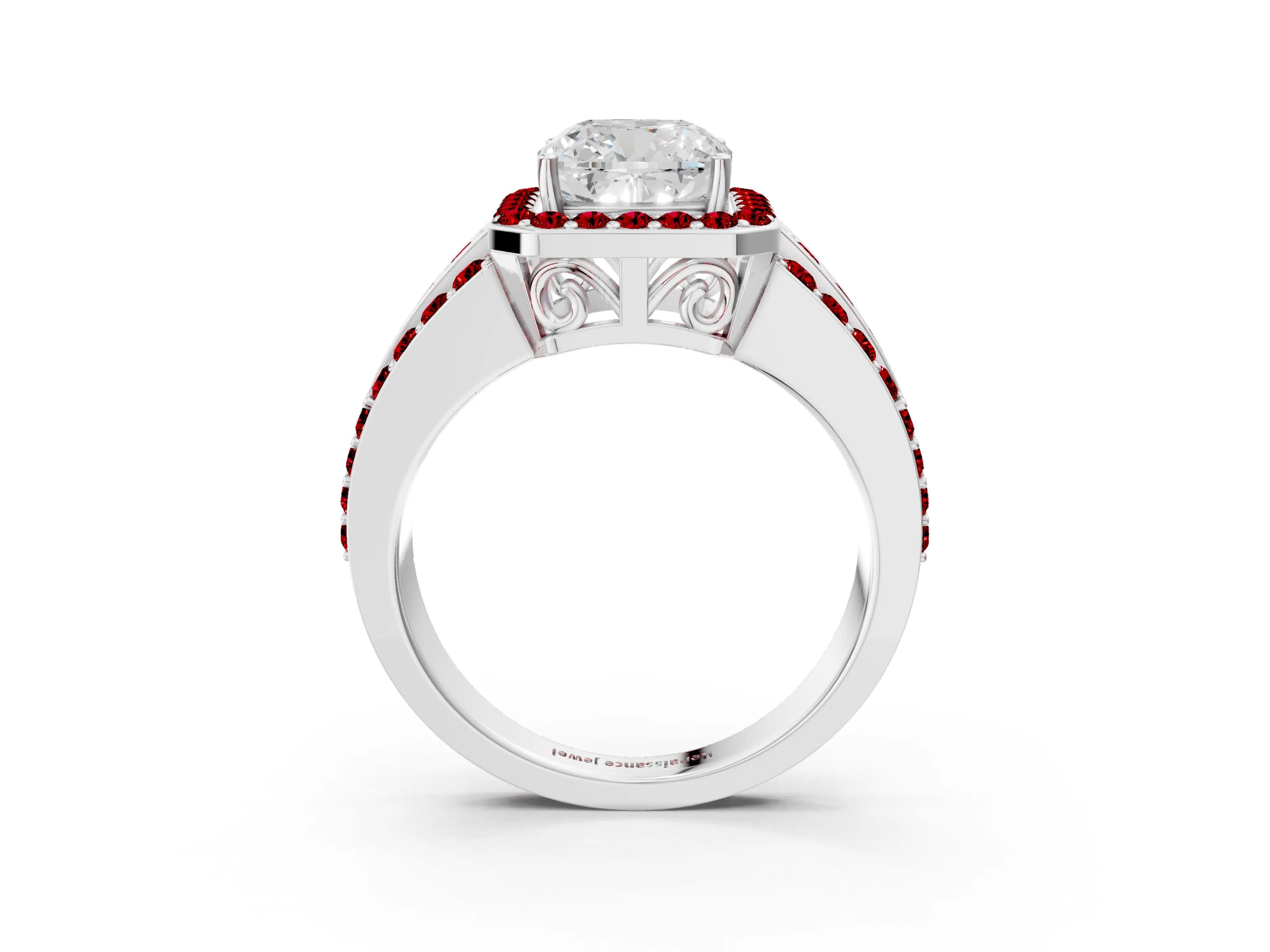 White gold Cushion Cut Halo Diamond Ring with Round with Ruby side stone Split Shank and Prong Setting_39
