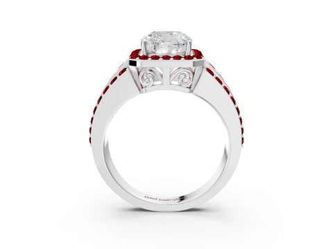 White gold Cushion Cut Halo Diamond Ring with Round with Ruby side stone Split Shank and Prong Setting_39