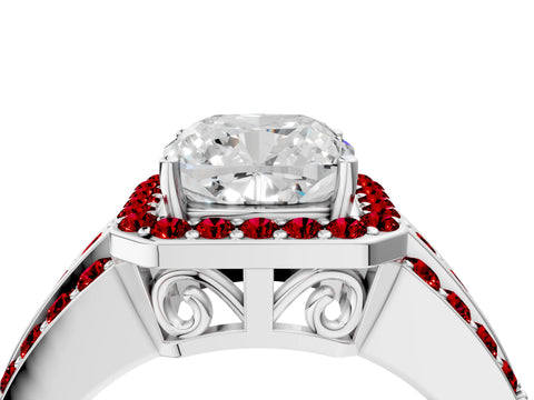 White gold Cushion Cut Halo Diamond Ring with Round with Ruby side stone Split Shank and Prong Setting_40