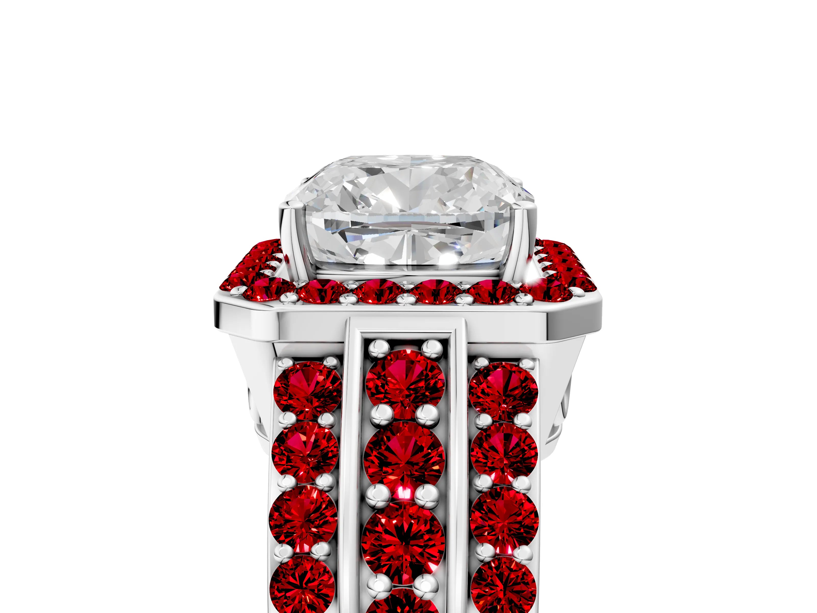 White gold Cushion Cut Halo Diamond Ring with Round with Ruby side stone Split Shank and Prong Setting_41