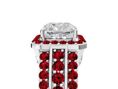 White gold Cushion Cut Halo Diamond Ring with Round with Ruby side stone Split Shank and Prong Setting_41
