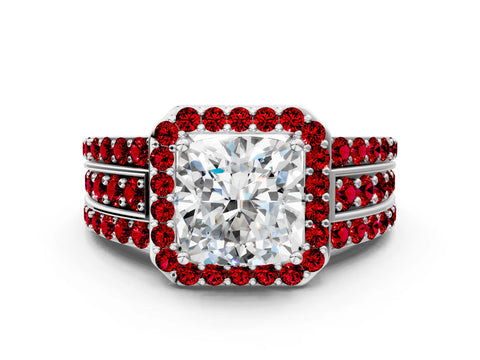 White gold Cushion Cut Halo Diamond Ring with Round with Ruby side stone Split Shank and Prong Setting_48