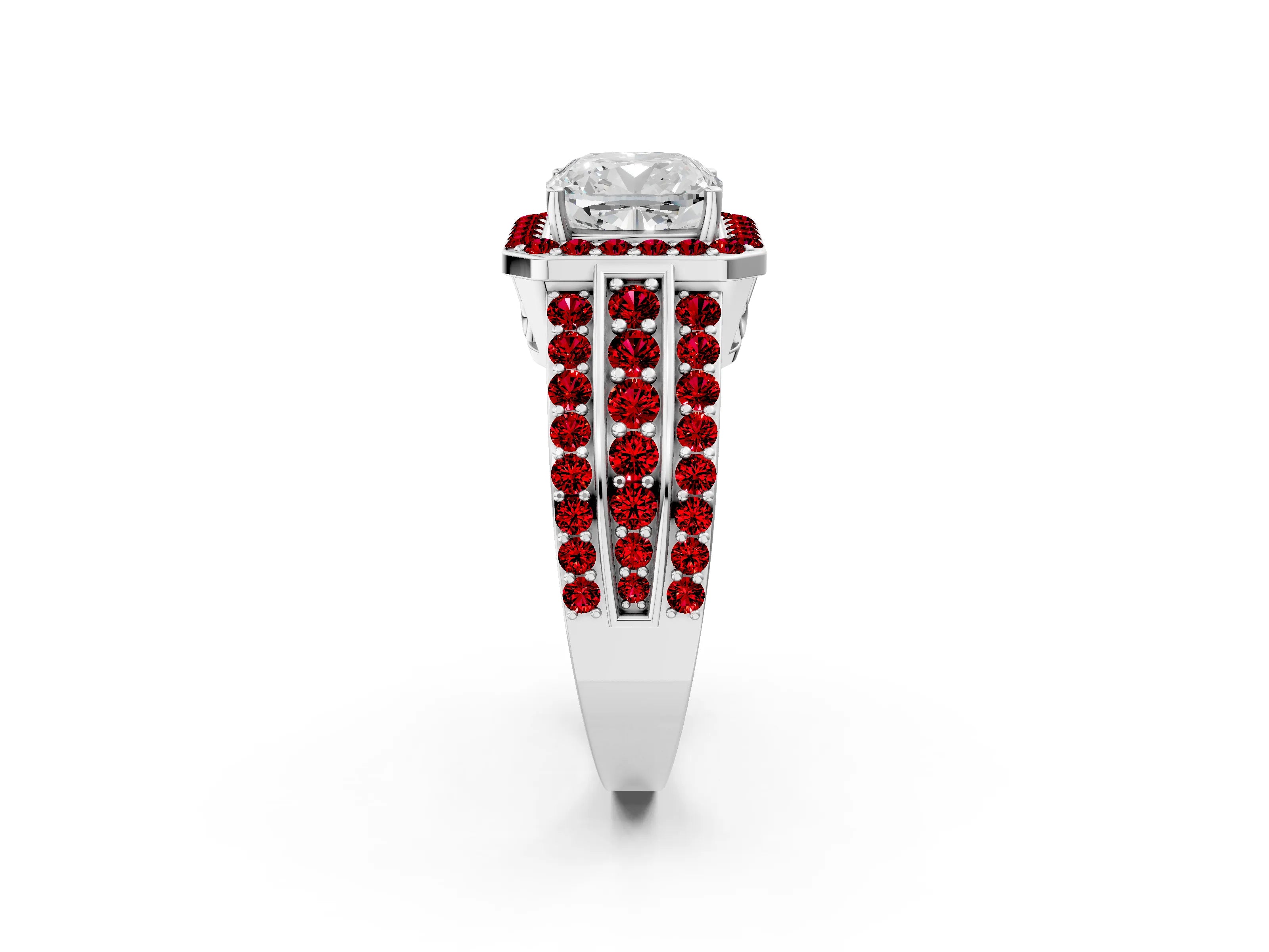 White gold Cushion Cut Halo Diamond Ring with Round with Ruby side stone Split Shank and Prong Setting_50