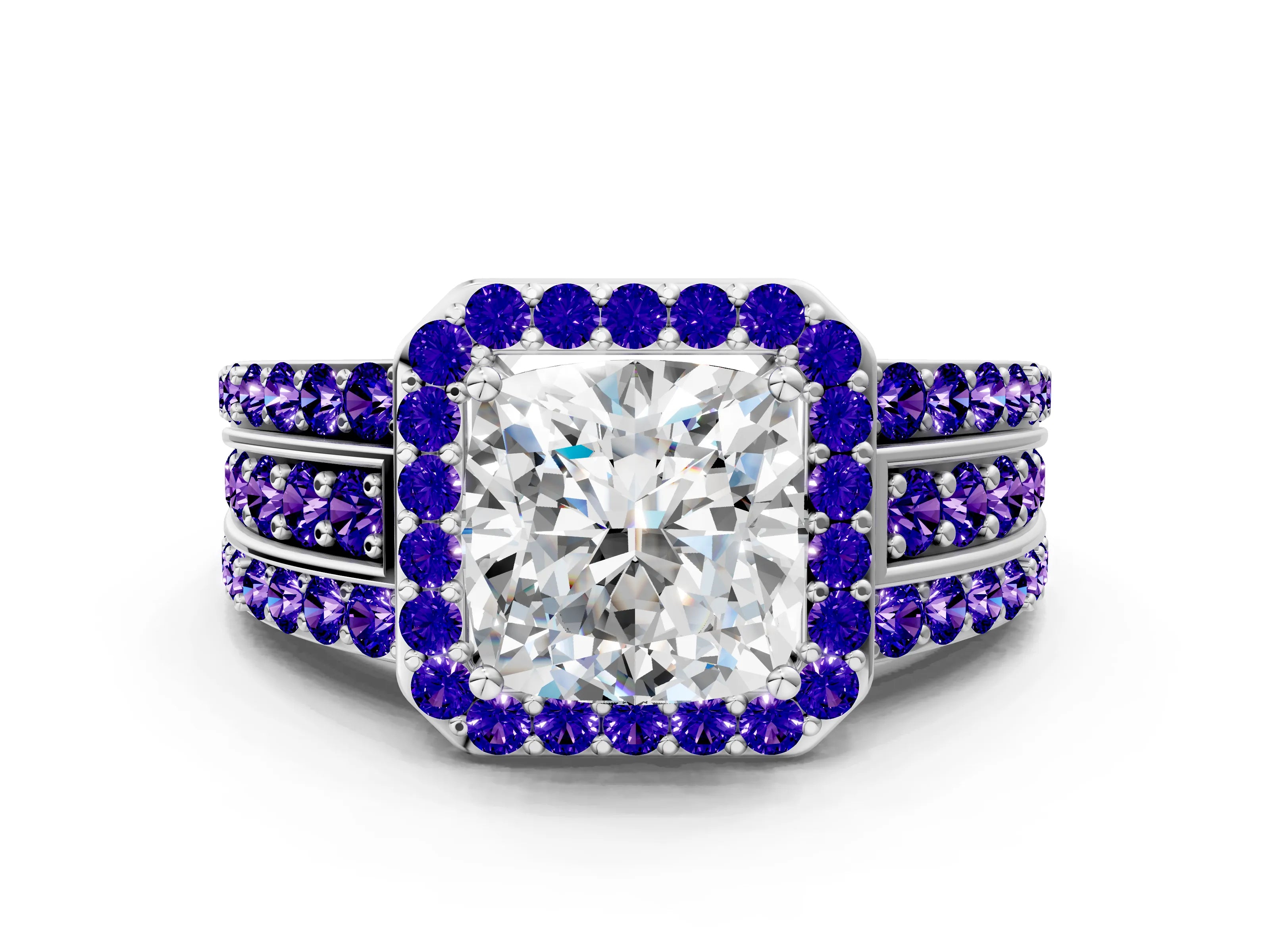White gold Cushion Cut Halo Diamond Ring with Round with Tanzanite side stone Split Shank and Prong Setting_12