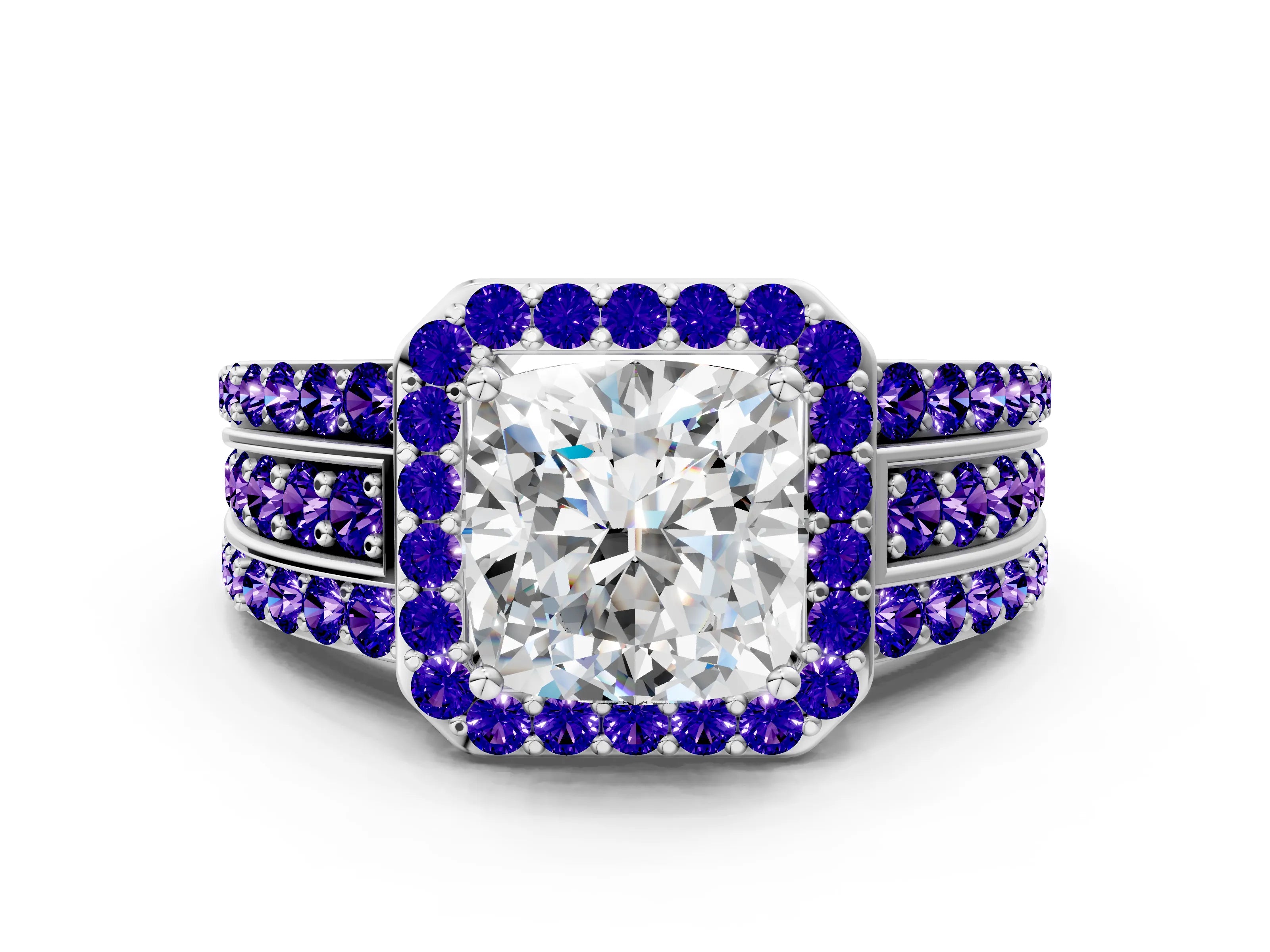 White gold Cushion Cut Halo Diamond Ring with Round with Tanzanite side stone Split Shank and Prong Setting_12