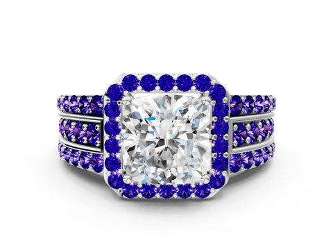White gold Cushion Cut Halo Diamond Ring with Round with Tanzanite side stone Split Shank and Prong Setting_12