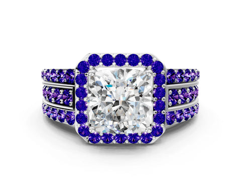 White gold Cushion Cut Halo Diamond Ring with Round with Tanzanite side stone Split Shank and Prong Setting_12