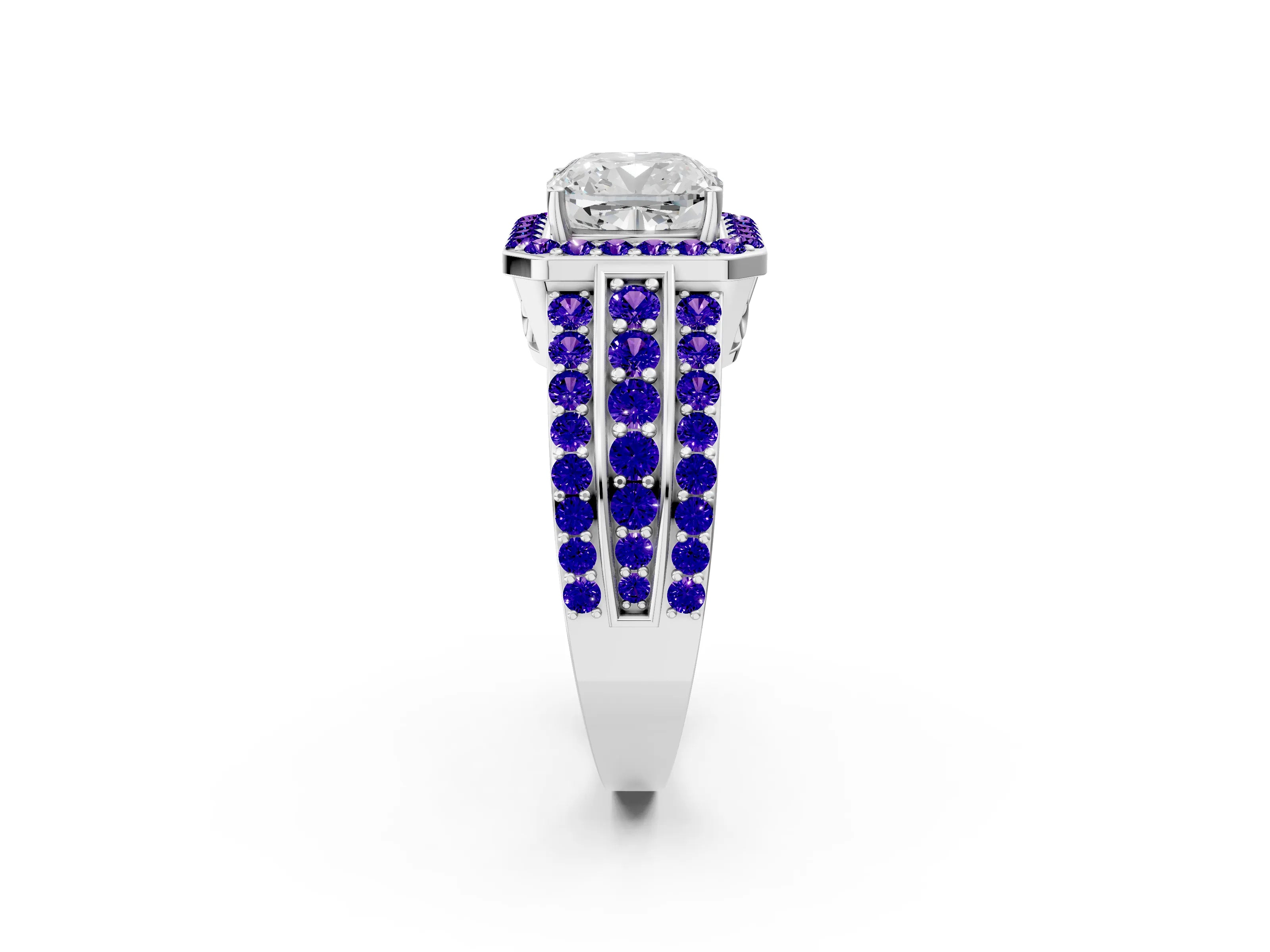 White gold Cushion Cut Halo Diamond Ring with Round with Tanzanite side stone Split Shank and Prong Setting_14