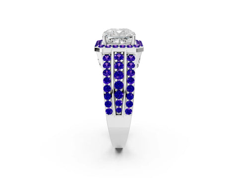 White gold Cushion Cut Halo Diamond Ring with Round with Tanzanite side stone Split Shank and Prong Setting_14
