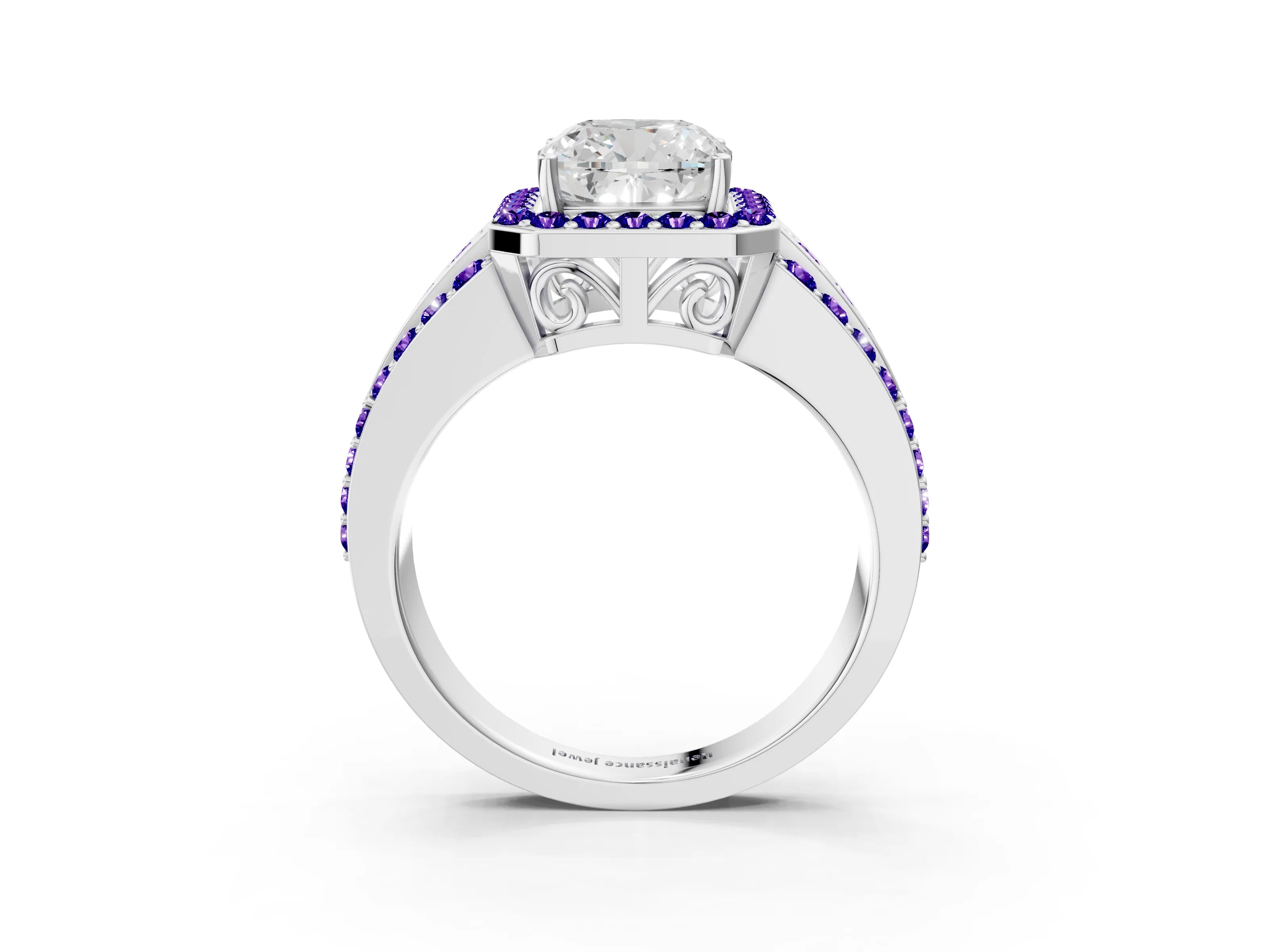 White gold Cushion Cut Halo Diamond Ring with Round with Tanzanite side stone Split Shank and Prong Setting_15