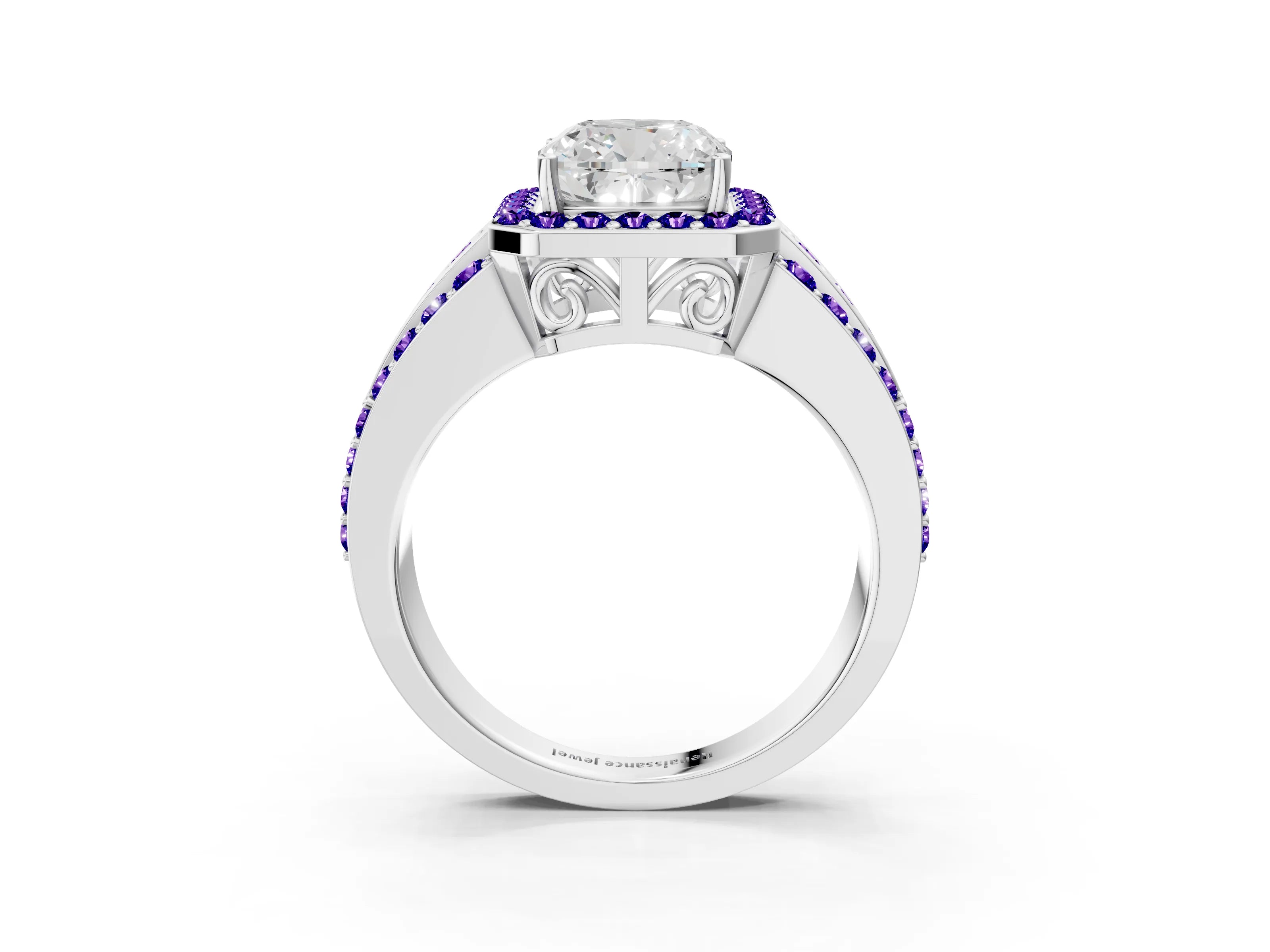 White gold Cushion Cut Halo Diamond Ring with Round with Tanzanite side stone Split Shank and Prong Setting_15